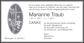 Traueranzeige von Marianne Traub von Schwäbische Post