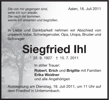 Traueranzeige von Siegfried Ihl von Schwäbische Post