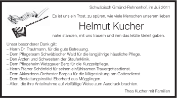 Traueranzeige von Helmut Kucher von Gmünder Tagespost