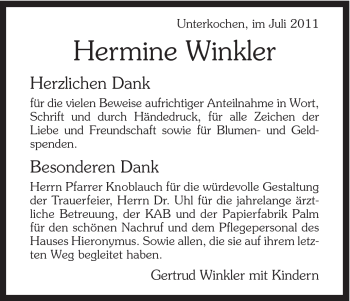 Traueranzeige von Hermine Winkler von Schwäbische Post