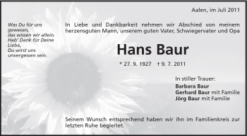 Traueranzeige von Hans Baur von Schwäbische Post
