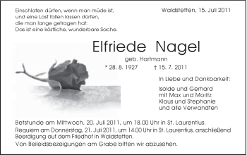Traueranzeige von Elfriede Nagel von Gmünder Tagespost