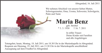 Traueranzeige von Maria Benz von Schwäbische Post