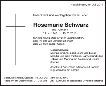 Traueranzeige von Rosemarie Schwarz von 020