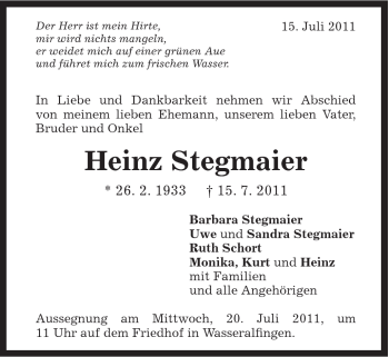 Traueranzeige von Heinz Stegmaier von Schwäbische Post