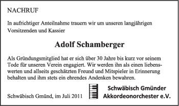 Traueranzeige von Adolf Schamberger von Gmünder Tagespost