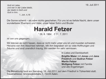 Traueranzeige von Harald Fetzer von Schwäbische Post