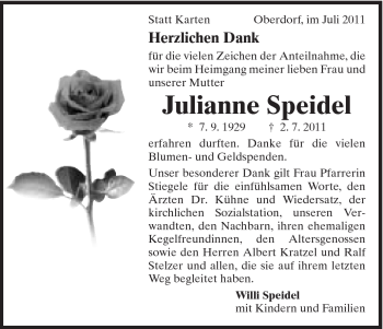 Traueranzeige von Julianne Speidel von Schwäbische Post