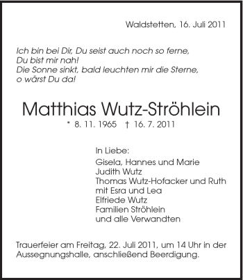 Traueranzeige von Matthias Wutz-Ströhlein von Gmünder Tagespost