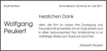 Traueranzeige von Wolfgang Peukert von Gmünder Tagespost