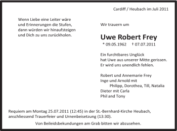 Traueranzeige von Uwe Robert Frey von Gmünder Tagespost