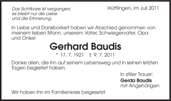 Traueranzeige von Gerhard Baudis von Schwäbische Post