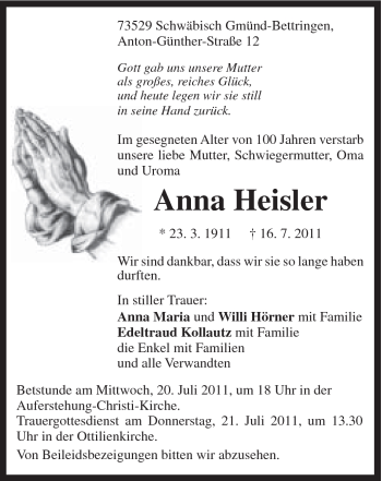 Traueranzeige von Anna Heisler von Gmünder Tagespost