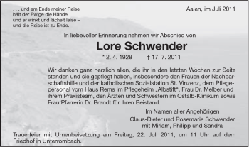 Traueranzeige von Lore Schwender von Schwäbische Post