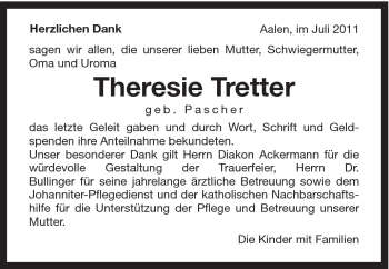 Traueranzeige von Theresie Tretter von Schwäbische Post