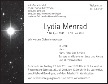 Traueranzeige von Lydia Menrad von Gmünder Tagespost