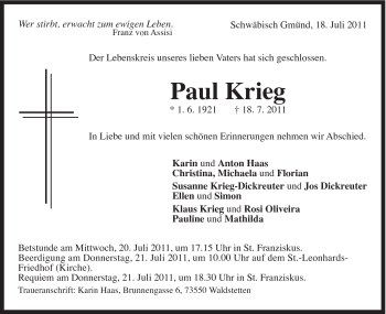 Traueranzeige von Paul Krieg von Gmünder Tagespost