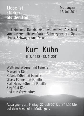 Traueranzeige von Kurt Kühn von Gmünder Tagespost