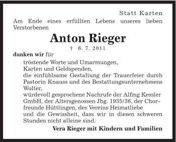 Traueranzeige von Anton Rieger von Schwäbische Post