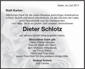 Traueranzeige von Dieter Schlotz von Schwäbische Post