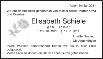 Traueranzeige von Elisabeth Schiele von Schwäbische Post