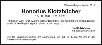 Traueranzeige von Honorius Klotzbücher von Schwäbische Post