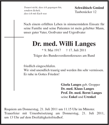 Traueranzeige von Willi Langes von Gmünder Tagespost