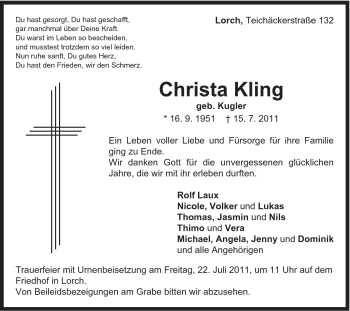 Traueranzeige von Christa Kling von Gmünder Tagespost