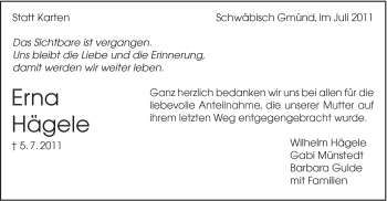 Traueranzeige von Erna Hägele von Gmünder Tagespost