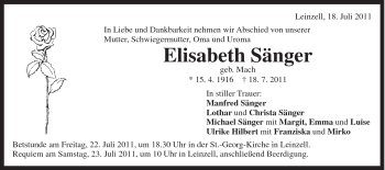 Traueranzeige von Elisabeth Sänger von Gmünder Tagespost