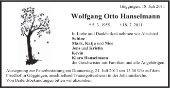 Traueranzeige von Wolfgang Otto Hanselmann von Gmünder Tagespost