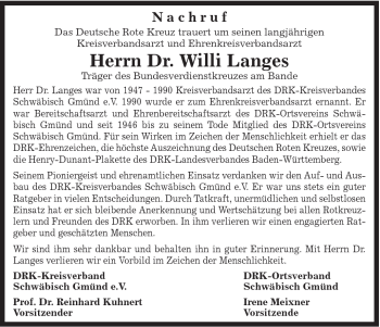 Traueranzeige von Willi Langes von Gmünder Tagespost