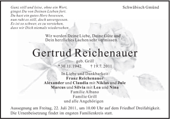 Traueranzeige von Gertrud Reichenauer von Gmünder Tagespost