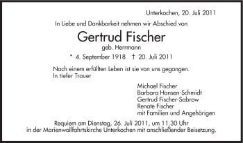 Traueranzeige von Gertrud Fischer von Schwäbische Post
