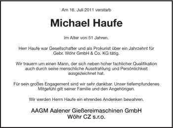Traueranzeige von Michael Haufe von Schwäbische Post