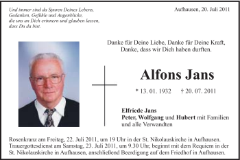 Traueranzeige von Alfons Jans von Schwäbische Post