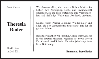 Traueranzeige von Theresia Bader von Gmünder Tagespost