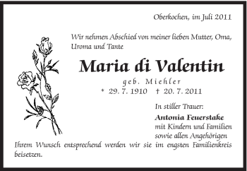 Traueranzeige von Maria di Valentin von Schwäbische Post