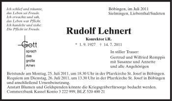 Traueranzeige von Rudolf Lehnert von Gmünder Tagespost