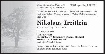 Traueranzeige von Nikolaus Treitlein von Schwäbische Post