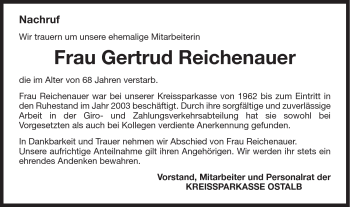 Traueranzeige von Gertrud Reichenauer von Gmünder Tagespost