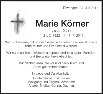 Traueranzeige von Marie Körner von Schwäbische Post