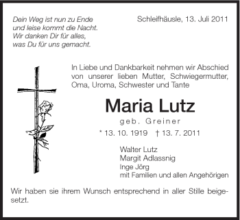 Traueranzeige von Maria Lutz von Schwäbische Post