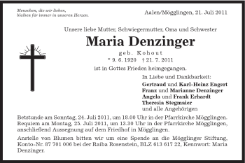 Traueranzeige von Maria Denzinger von Gmünder Tagespost
