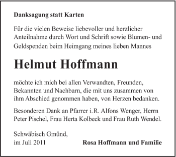 Traueranzeige von Helmut Hoffmann von Gmünder Tagespost