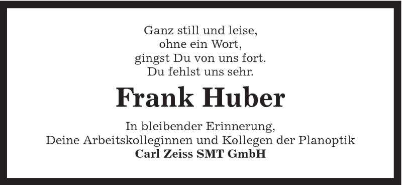  Traueranzeige für Frank Huber vom 23.07.2011 aus Schwäbische Post