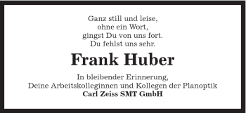 Traueranzeige von Frank Huber von Schwäbische Post