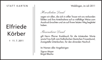 Traueranzeige von Elfriede Körber von Schwäbische Post