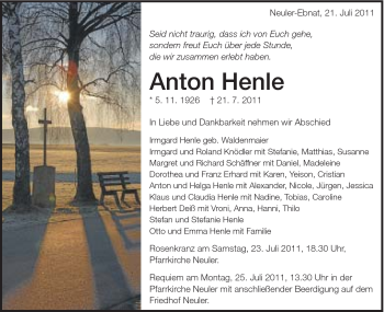 Traueranzeige von Anton Henle von Schwäbische Post