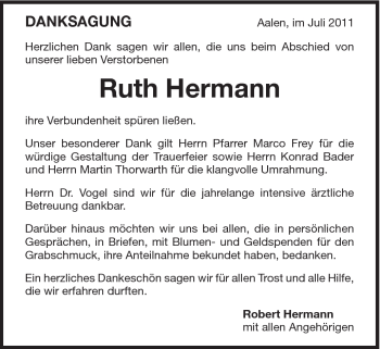 Traueranzeige von Ruth Hermann von Schwäbische Post